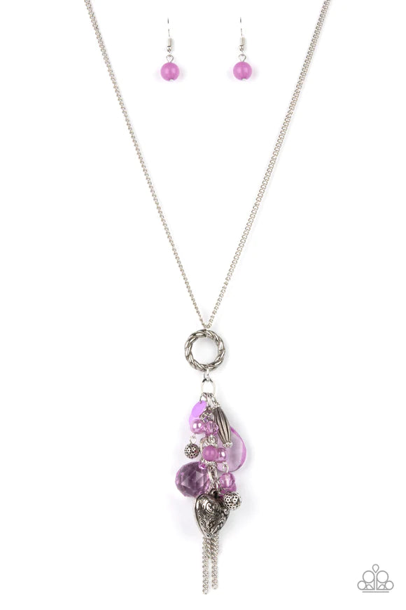 Paparazzi Accessories AMOR to Love - Purple Varying glassy, pearly, opaque, and shell-like finishes, a whimsical collection of crystal-like and classic Amethyst Orchid beads delicately cluster along a silver chain swinging from the bottom of a textured si