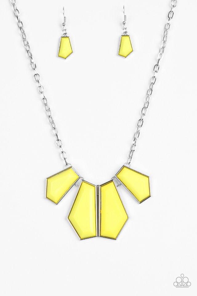 Paparazzi Accessories Get Up and GEO - Yellow Featuring emerald-style cuts, faceted yellow beads are pressed into sleek silver frames. The colorful frames join at the bottom of a shimmery silver chain, creating a bold geometric fringe below the collar. Fe
