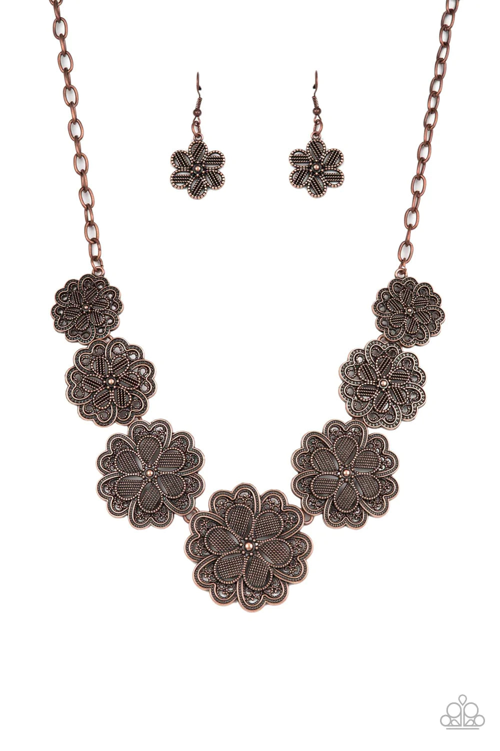 Paparazzi Accessories Basketful Of Blossoms - Copper Featuring metallic wicker-like patterns, stacks of teardrop and heart shaped filigree-filled copper petals delicately link into a decorative row of flowers. The floral frames gradually increase in size
