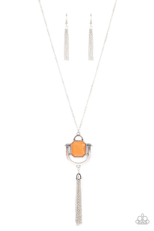 Paparazzi Accessories Funky Fringe - Brown A faceted geometric Adobe bead is pressed into a stacked southwestern inspired silver frame at the bottom of an extended silver chain. A shimmery silver chain tassel swings from the bottom of the display, adding