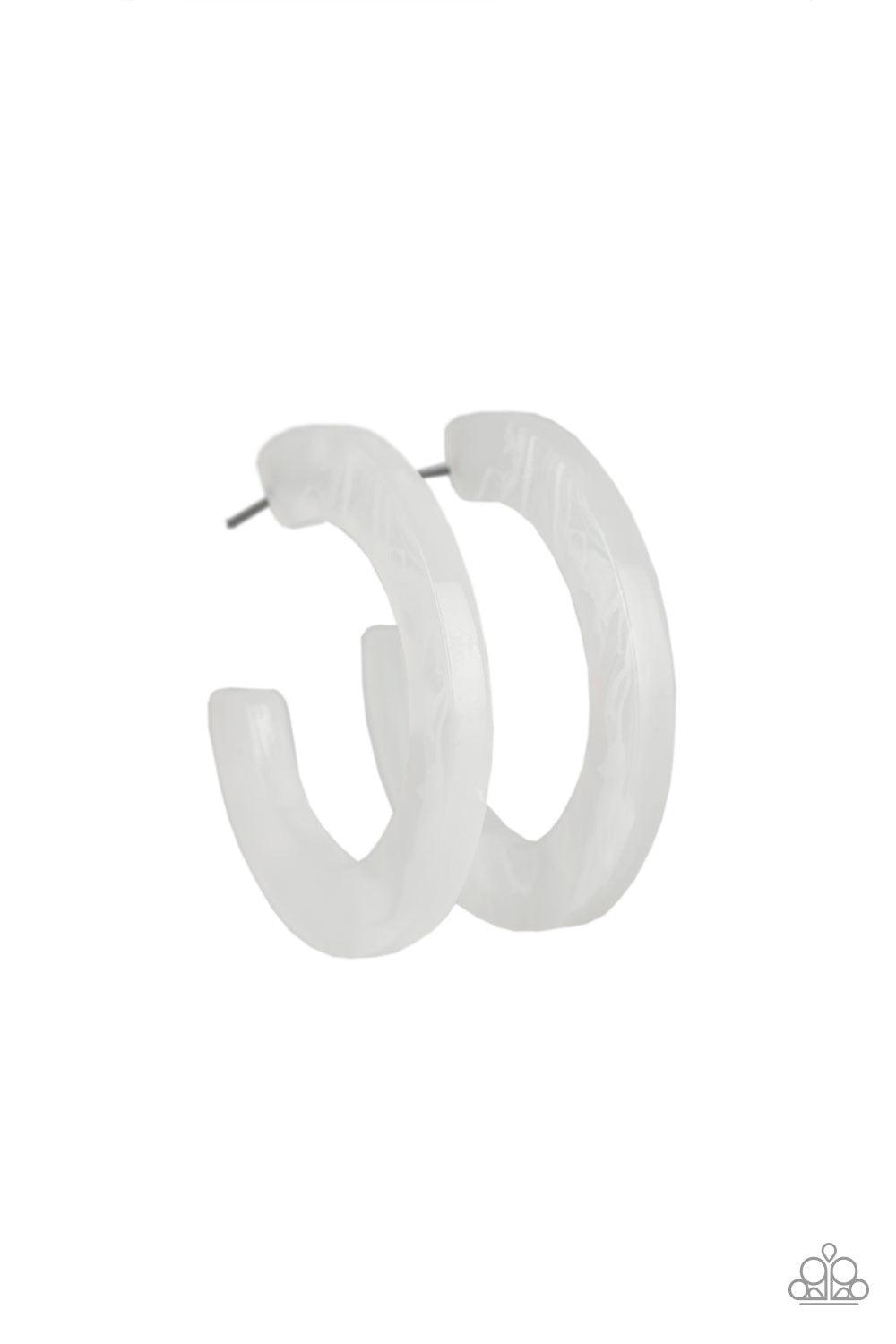 Paparazzi Accessories Oceanside Oasis - White Featuring a smoky white finish, an opaque hoop curls around the ear for a colorfully retro look. Earring attaches to a standard post fitting. Hoop measures 1 3/4" in diameter.