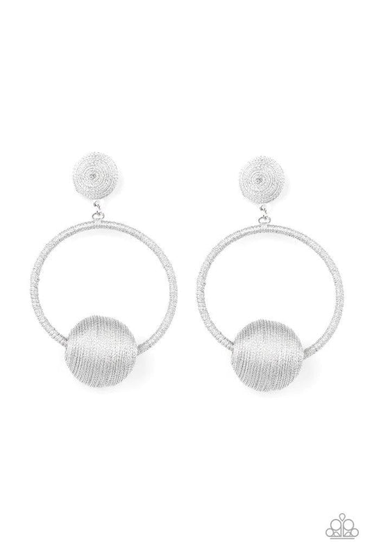 Paparazzi Accessories Social Sphere - Silver Shimmery silver thread wraps around an oversized bead that is fitted in place along the bottom of a matching threaded hoop. The glistening display links to the bottom of a matching silver threaded fitting, crea