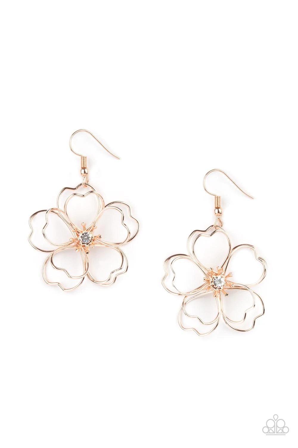 Paparazzi Accessories Petal Power - Rose Gold Layers of heart-shaped petals molded from shiny rose gold wire create an airy three-dimensional flower. A dainty white rhinestone dots the center adding sparkle to the whimsical frame. Earring attaches to a st