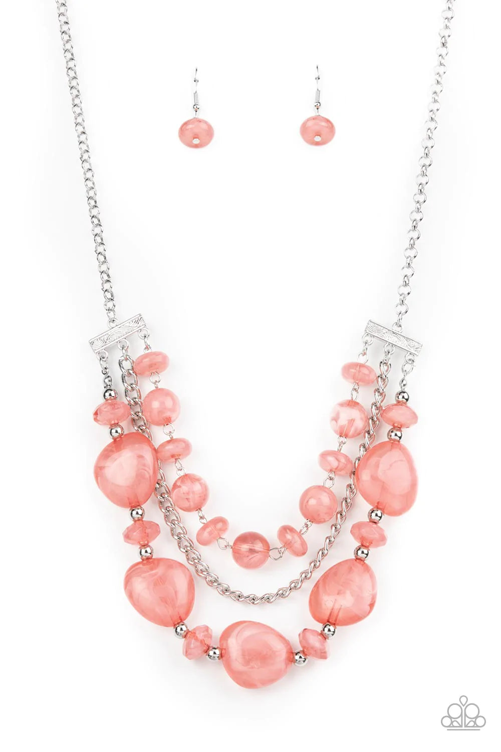 Paparazzi Accessories Oceanside Service - Pink A single silver chain separates two mismatched rows of oversized and cloudy glass-like pink beads. The colorful rows are held in place with textured silver fittings, creating an ethereal pop of color below th