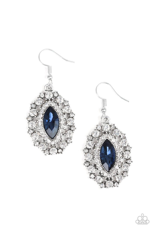Paparazzi Accessories Long May She Reign - Blue Featuring a regal marquise style cut, a glittery blue rhinestone is pressed into a studded silver frame radiating with glassy white rhinestones for a timeless look. Earring attaches to a standard fishhook fi