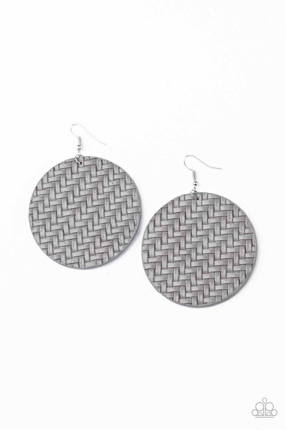 Paparazzi Accessories Plaited Plains - Silver Gray leather-like laces weave into a plaited frame for a seasonal flair. Earring attaches to a standard fishhook fitting. Jewelry
