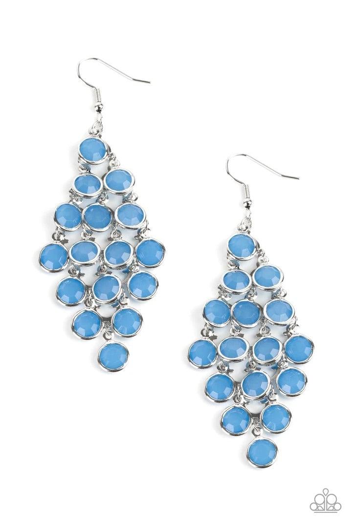 Paparazzi Accessories With All Dew Respect - Blue Encased in sleek silver fittings, a crystal-like collection of blue gems trickle from a silver netted backdrop, creating a dewy display. Earring attaches to a standard fishhook fitting. Sold as one pair of