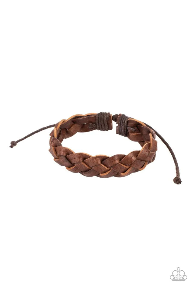 Paparazzi Accessories SoCal Summer - Brown Strappy strands of brown leather are braided together for a trendy seasonal fashion around the wrist. Features an adjustable sliding knot closure. Jewelry