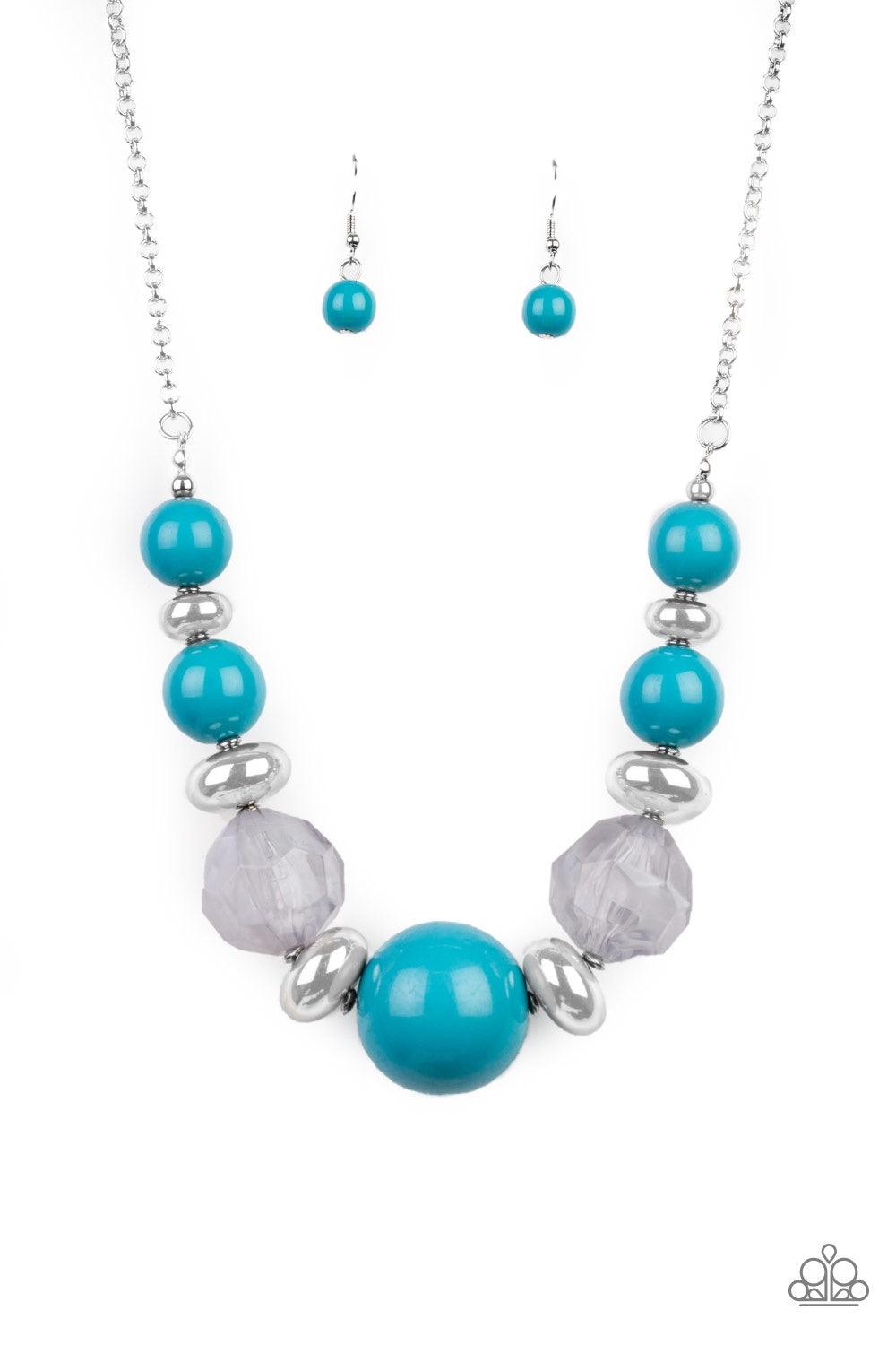 Paparazzi Accessories Daytime Drama - Blue Gradually increasing in size near the center, a collection of blue, silver, and cloudy beads join below the collar in a statement making fashion. Features an adjustable clasp closure. Jewelry