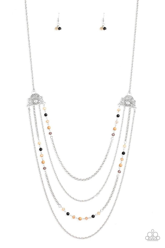 Paparazzi Accessories Pharaoh Finesse - Multi Attached to two ornate floral silver fittings, shimmery silver chains and strands of polished brown, black, and glassy crystal-like beads cascade across the chest for a whimsically layered look. Features an ad