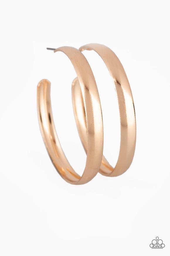 Paparazzi Accessories A Double Feature - Gold Brushed in a high sheen finish, a thick gold hoop curls around the ear for a classic look. Earring attaches to a standard post fitting. Hoop measures 2 1/4" in diameter. Jewelry