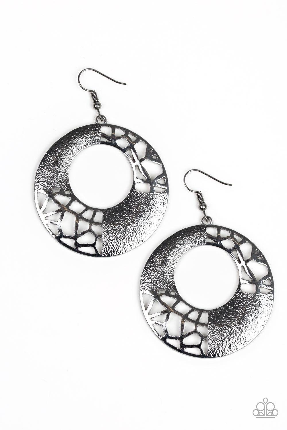 Paparazzi Accessories Shattered Shimmer - Black Featuring sections of shattered metallic patterns, a thick gunmetal hoop swings from the ear in an edgy industrial fashion. Earring attaches to a standard fishhook fitting. Jewelry