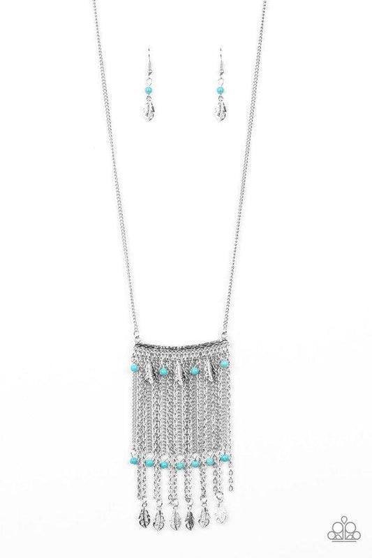 Paparazzi Accessories On The Fly - Blue Attached to a lengthened silver chain, a hammered silver bar gives way to a fringe of shimmery silver chain, dainty turquoise stone beads, and silver feather frames for a seasonal look. Features an adjustable clasp