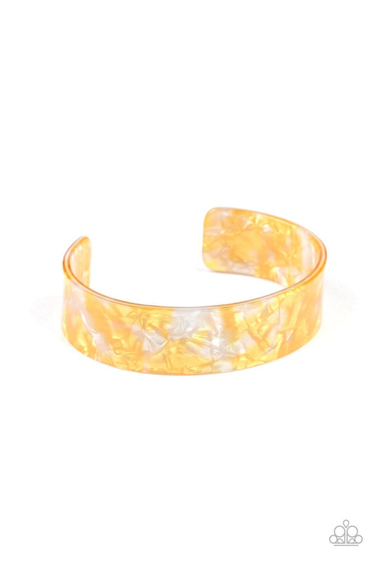 Paparazzi Accessories Glaze Daze - Yellow Featuring an iridescent shimmer, a speckled yellow acrylic cuff waves across the wrist for a colorfully retro look. Jewelry