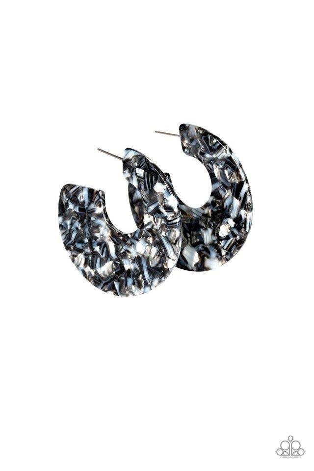 Paparazzi Accessories Tropically Torrid - Black Brushed in a colorful faux marble finish, a flat black hoop curls around the ear for a retro look. Earring attaches to a standard post fitting. Hoop measures 2" in diameter. Jewelry