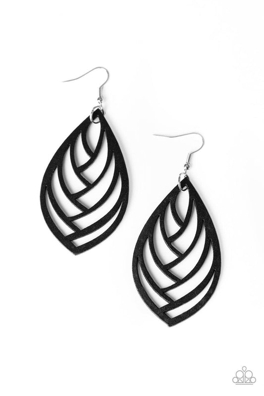 Paparazzi Accessories Out of the Woodwork - Black Brushed in a shiny black finish, airy wooden pieces delicately join into a leafy frame for a whimsical vibe. Earring attaches to a standard fishhook fitting. Sold as one pair of earrings. Jewelry