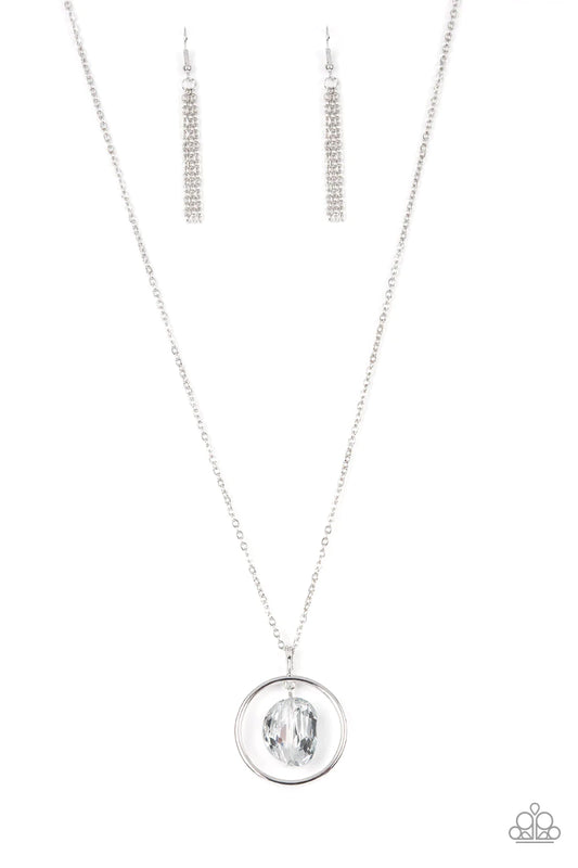 Paparazzi Accessories Hands-Down Dazzling - Silver Featuring an imperfect finish, a smoky iridescent crystal-like gem swings from the top of a classic silver hoop at the bottom of an extended silver chain for a glassy-glamorous fashion. Features an adjust