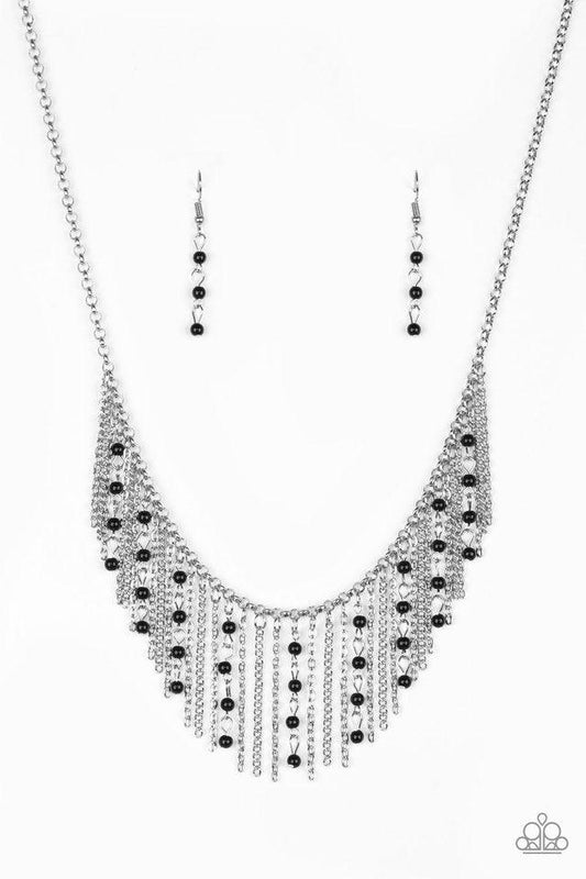 Paparazzi Accessories Harlem Hideaway - Black Infused with black beaded tassels, shimmery silver chains stream below the collar, creating a colorful fringe. Features an adjustable clasp closure. Jewelry