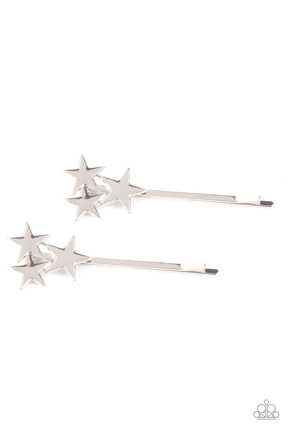 Paparazzi Accessories Suddenly Starstruck - Silver A trio of shiny silver stars cluster at the corner of a classic silver bobby pin for a stellar look. Sold as one pair of decorative bobby pins. Hair Accessories