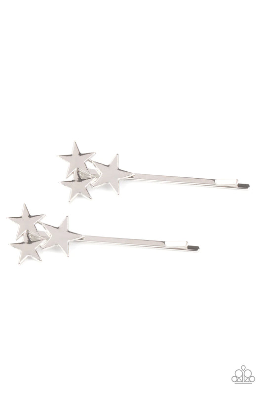 Paparazzi Accessories Suddenly Starstruck - Silver A trio of shiny silver stars cluster at the corner of a classic silver bobby pin for a stellar look. Sold as one pair of decorative bobby pins. Hair Accessories
