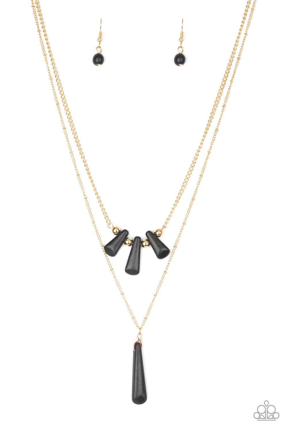 Paparazzi Accessories Basic Groundwork - Black Chiseled into flared teardrop shapes, a dainty fringe of black stones and golden beads gives way to a large stone pendant, creating earthy layers down the chest. Features an adjustable clasp closure. Jewelry