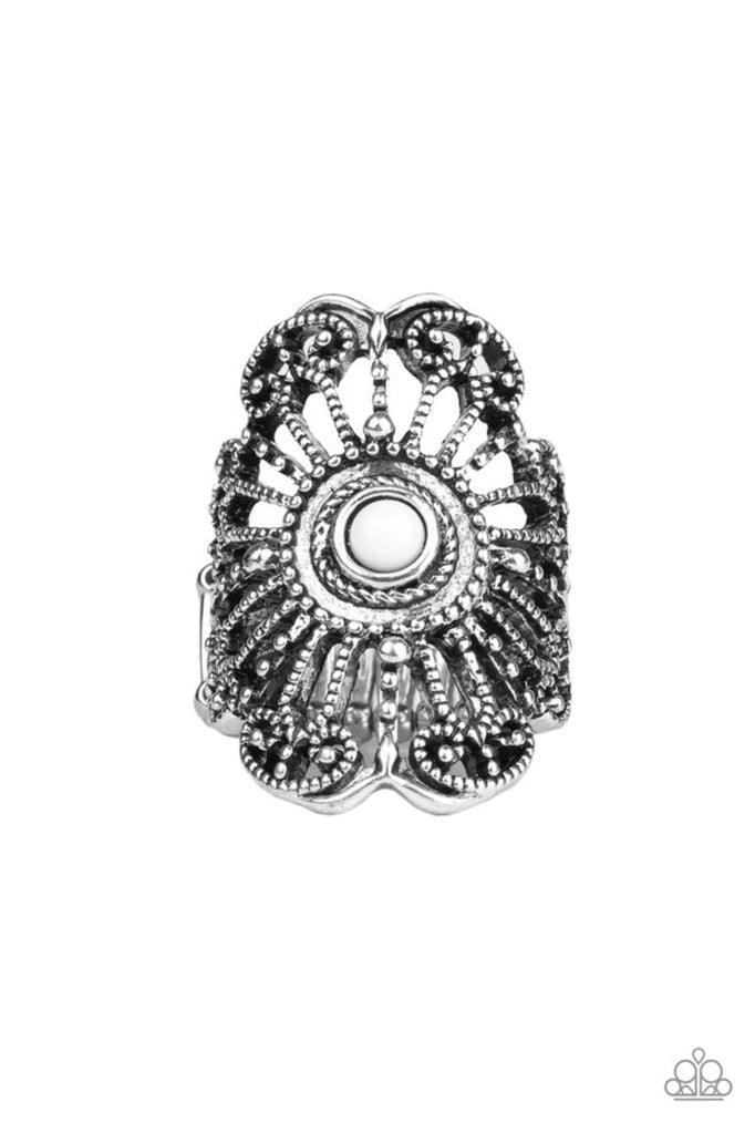 Paparazzi Accessories Adrift ~White A dainty white bead is pressed into a round silver frame swirling with studded details for a whimsical vibe. Features a stretchy band for a flexible fit. Sold as one individual ring. Jewelry