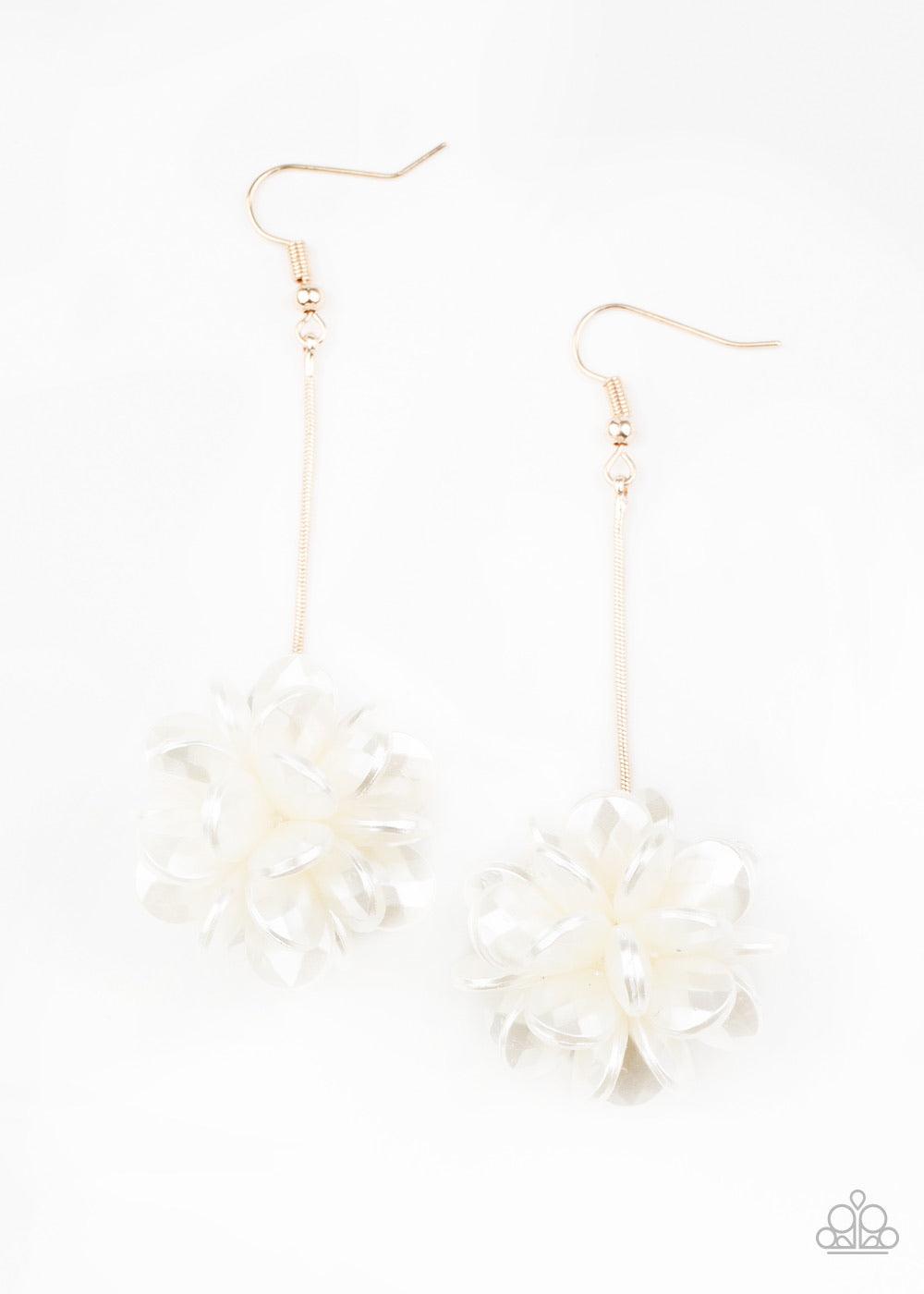 Paparazzi Accessories Swing Big - Gold Featuring faceted surfaces, pearly white teardrop beads delicately cluster at the bottom of a dainty gold chain for an elegant look. Earring attaches to a standard fishhook fitting. Sold as one pair of earrings. Jewe