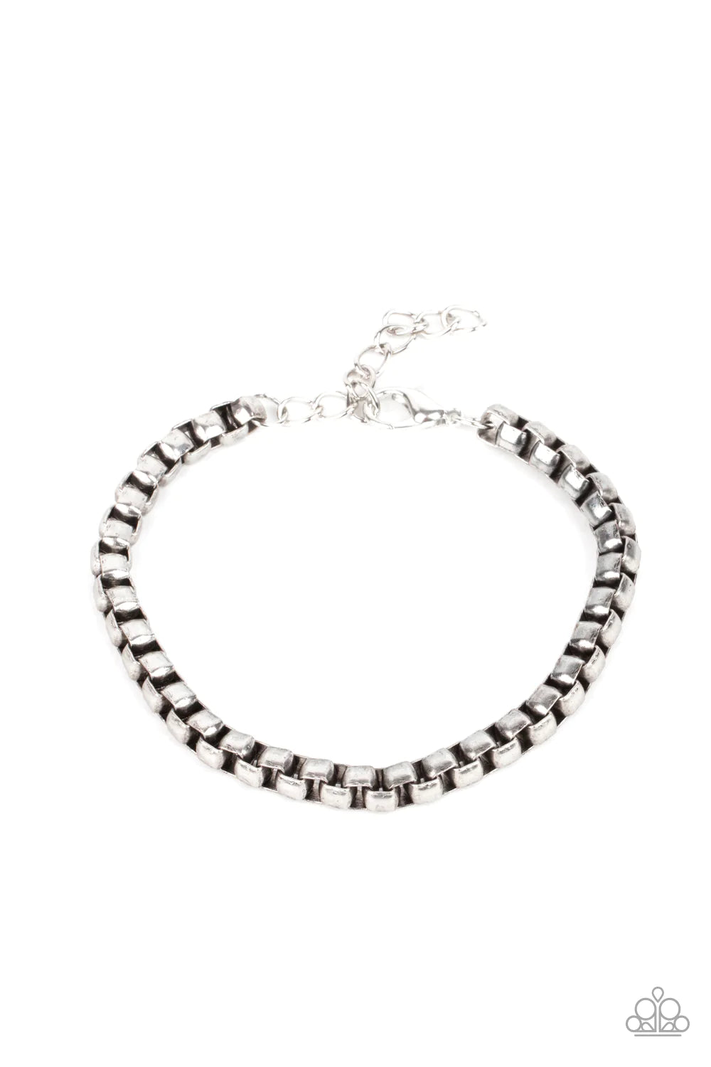Paparazzi Accessories Armed Combat - Silver Brushed in a rustic shimmer, a chunky strand of silver box chain drapes around the wrist for a gritty industrial look. Features an adjustable clasp closure. Sold as one individual bracelet. Jewelry