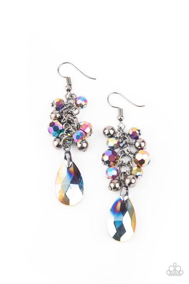 Paparazzi Accessories Before and AFTERGLOW - Multi An array of metallic oil spill crystal-like beads and shiny gunmetal beads trickles along a lengthened gunmetal chain, giving way to a matching oil spill crystal-like teardrop for a dramatic chandelier ef