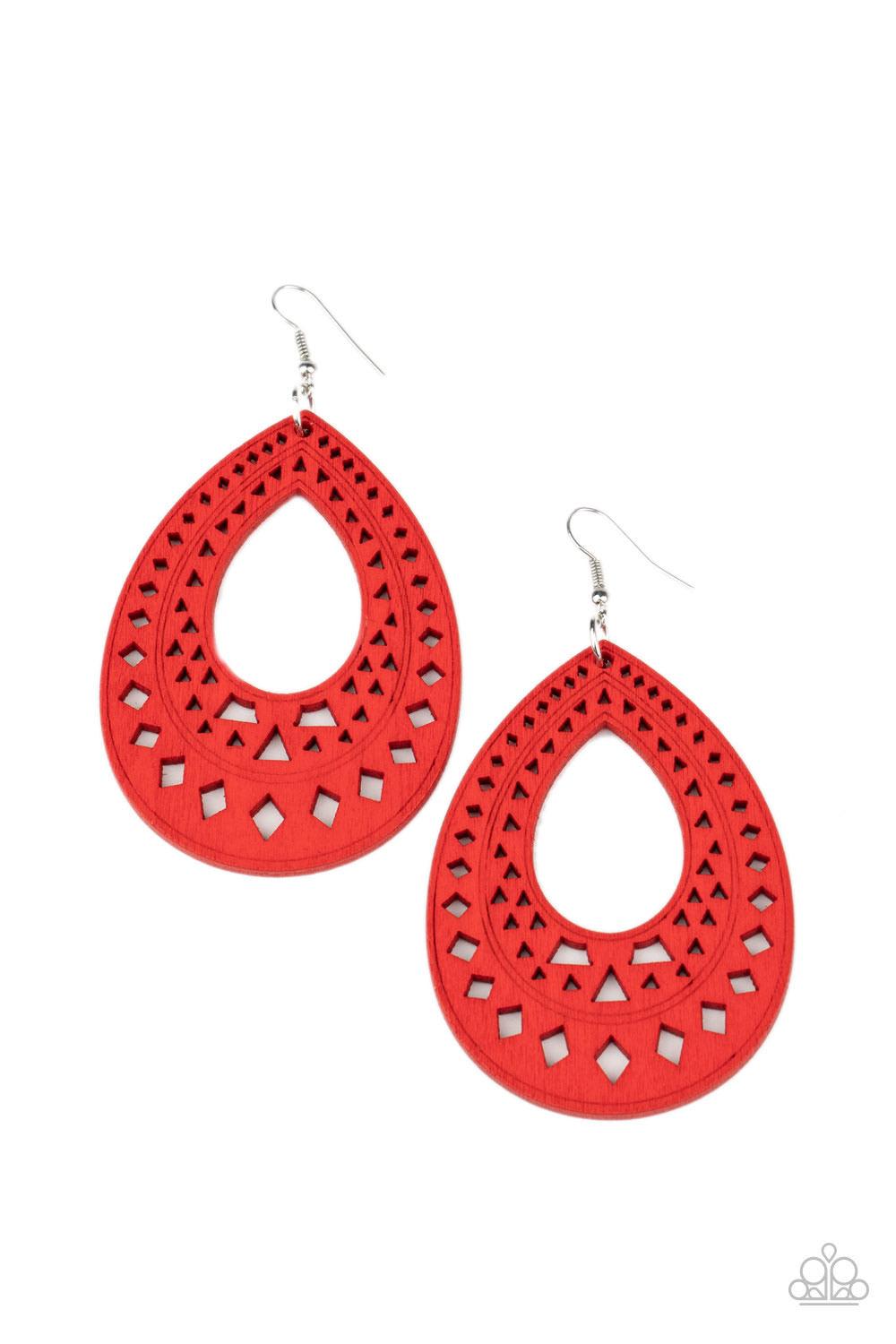 Paparazzi Accessories Belize Beauty - Red Painted in a fiery red finish, a wooden teardrop has been cut into a diamond and triangular stencil pattern for a tribal inspired flair. Earring attaches to a standard fishhook fitting. Sold as one pair of earring