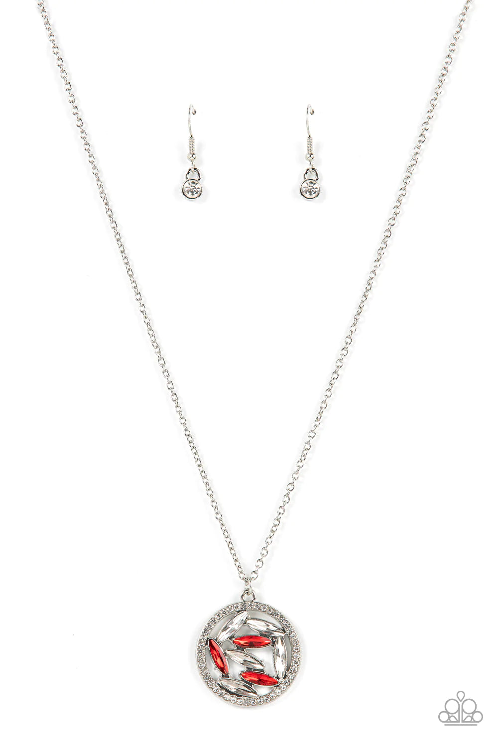 Paparazzi Accessories Head-Spinning Sparkle - Red A glitzy series of smoky, red, and white marquise cut rhinestones collect inside a silver ring dotted in dainty white rhinestones, resulting in a sparkly pendant at the bottom of a dainty silver chain. Fea