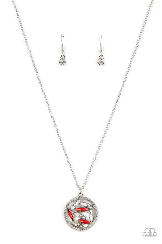 Paparazzi Accessories Head-Spinning Sparkle - Red A glitzy series of smoky, red, and white marquise cut rhinestones collect inside a silver ring dotted in dainty white rhinestones, resulting in a sparkly pendant at the bottom of a dainty silver chain. Fea