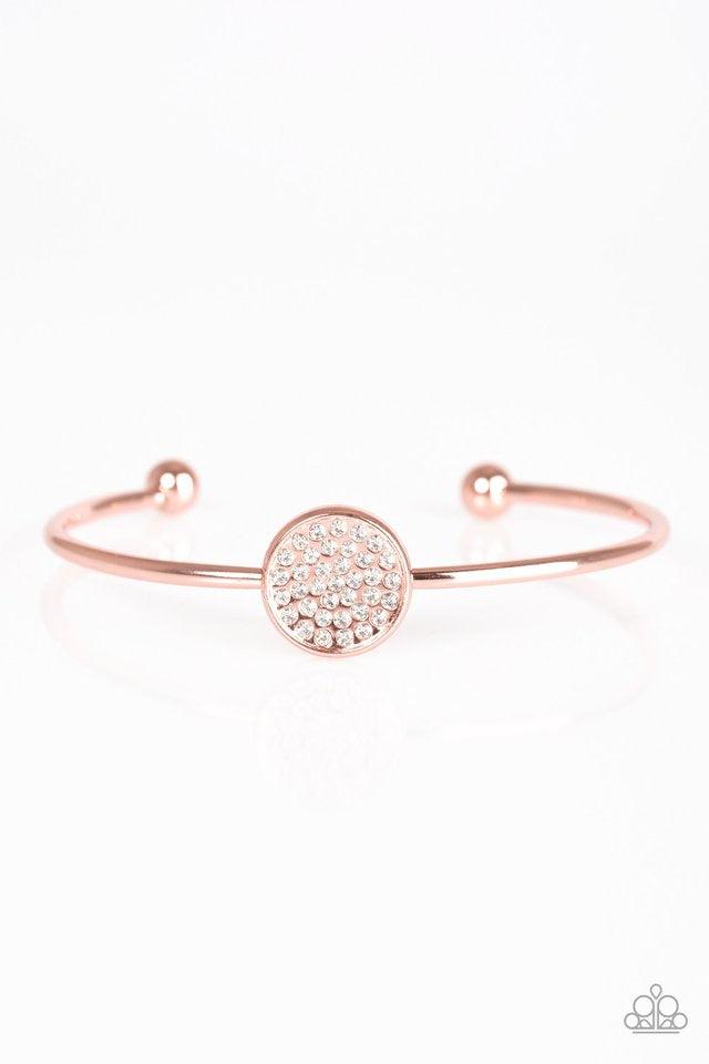 Paparazzi Accessories Modern Day Diva - Copper Encrusted in glassy white rhinestones, a dazzling frame is pressed into the center of a dainty shiny copper cuff for a glamorous look. Sold as one individual bracelet. Jewelry