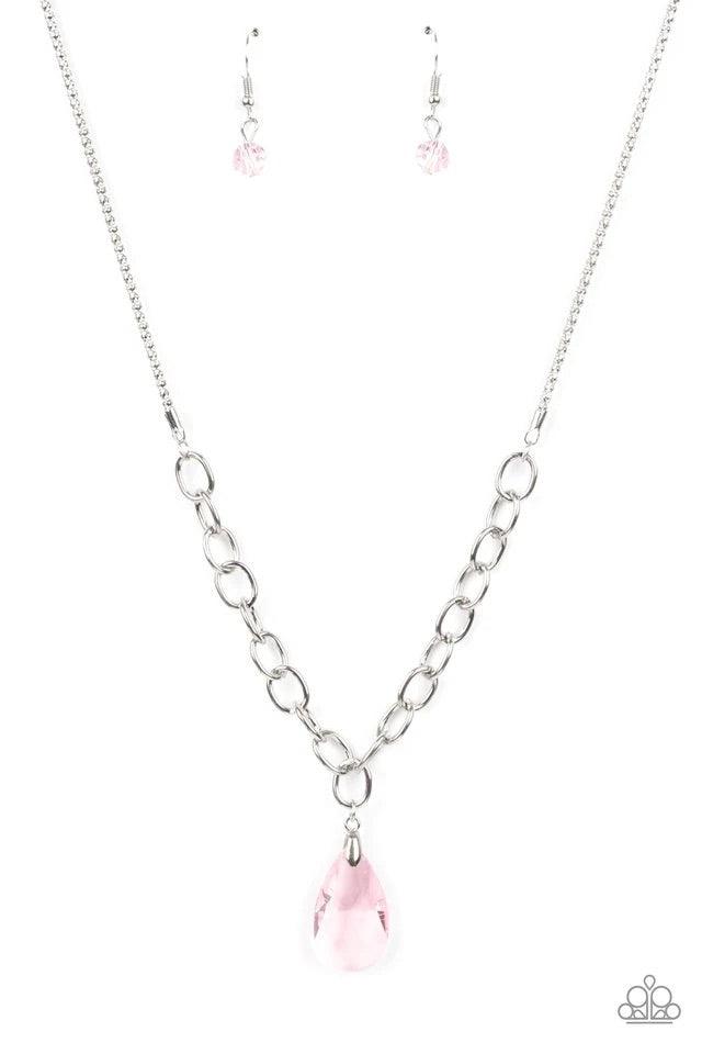 Paparazzi Accessories Mega Modern - Pink A glassy pink teardrop swings from the bottom of a chunky silver chain that attaches to a shimmery silver popcorn chain, creating a modern display below the collar. Features an adjustable clasp closure. Sold as one