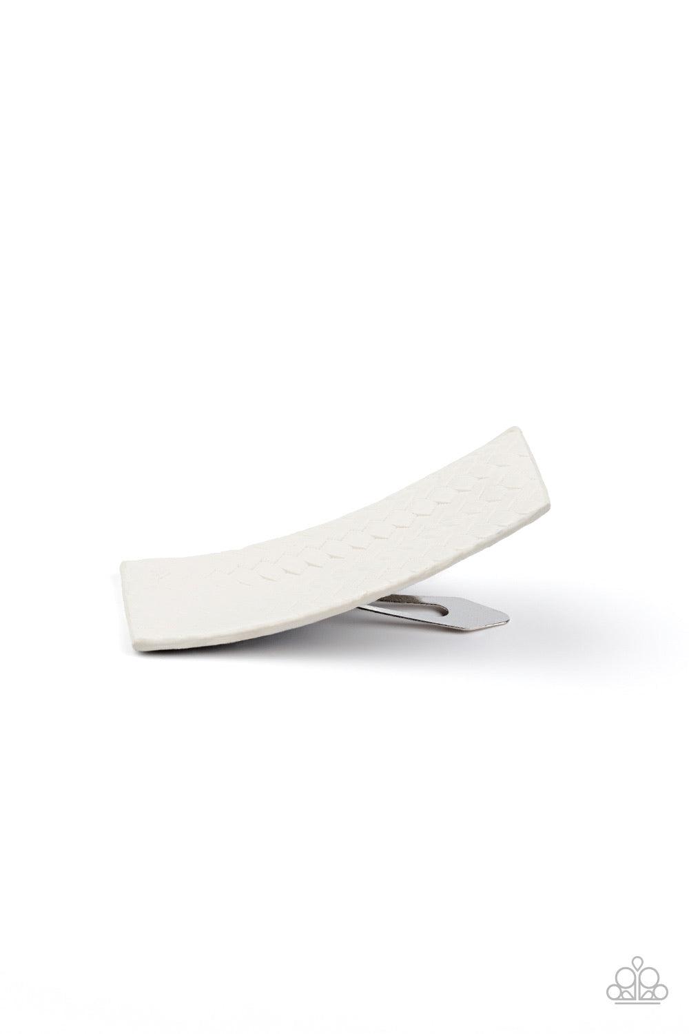 Paparazzi Accessories Let Your Hair Down - White Featuring a wicker-like pattern, a white leather hair clip pins back the hair for a casual look. Features a standard snap hair clip on the back. Hair Accessories