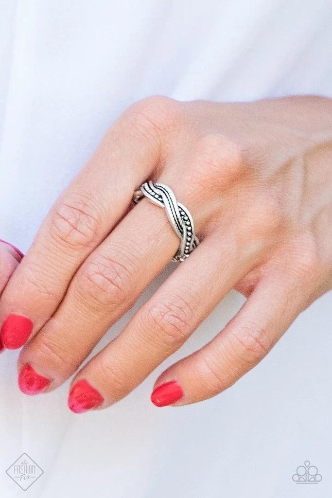 Paparazzi Accessories Texture Tango - Silver Featuring mismatched textures, ribbons of antiqued silver bands braid across the finger for a tribal inspired look. Features a dainty stretchy band. Sold as one individual ring. Jewelry