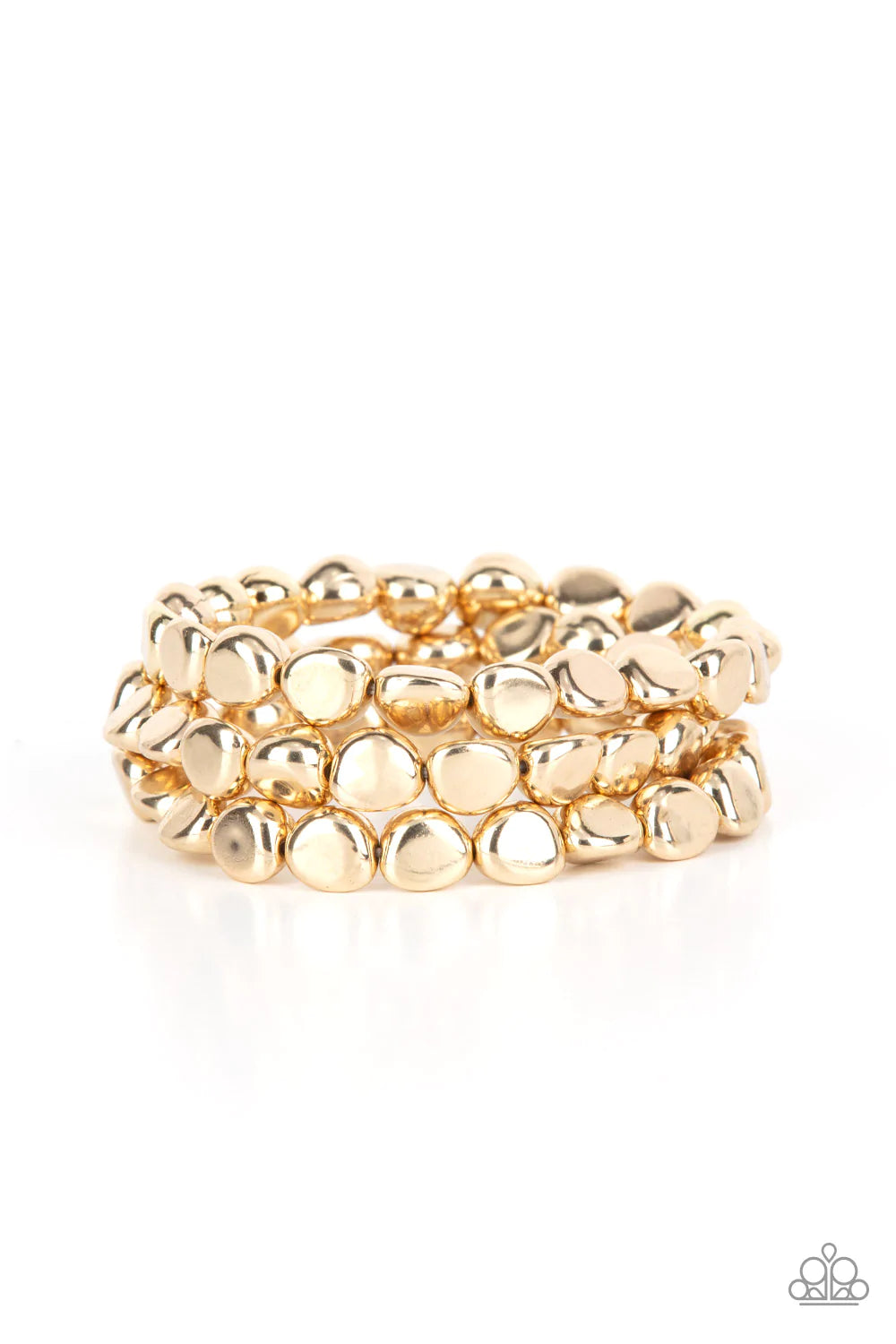 Paparazzi Accessories HAUTE Stone - Gold Featuring irregular stone shapes, a shiny series of gold beads are threaded along stretchy bands around the wrist for a bold pop of monochromatic magic. Sold as one set of three bracelets. Jewelry