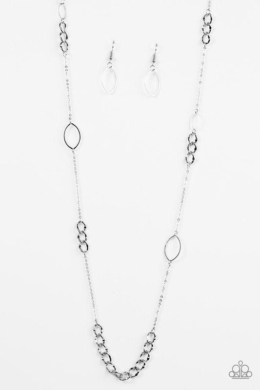 Paparazzi Accessories Metro Minimalist - Silver Marquise-shaped frames and sections of faceted chain links trickle along a dainty silver chain for a bold, minimalist inspired look. Features an adjustable clasp closure. Jewelry