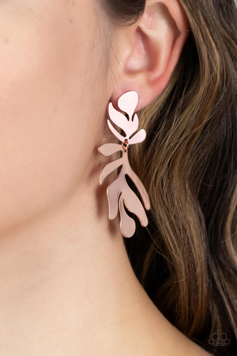 Paparazzi Accessories Palm Picnic - Copper A flat and leafy shiny copper frame swings from the bottom of a matching fitting, creating a trendy seasonal lure. Earring attaches to a standard post fitting. Sold as one pair of post earrings. Jewelry