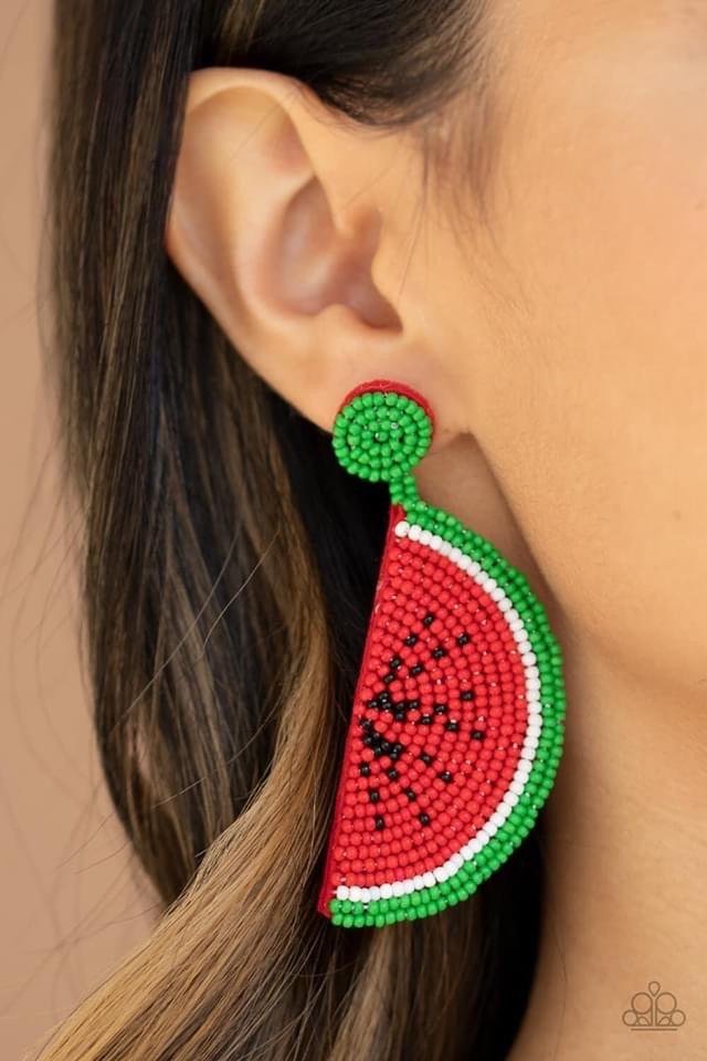 Paparazzi Accessories You Are One In A Melon ~Red Dainty red, green, white, and black beads adorn the front of a felt red frame, creating a juicy slice of watermelon. Earring attaches to a standard post fitting.