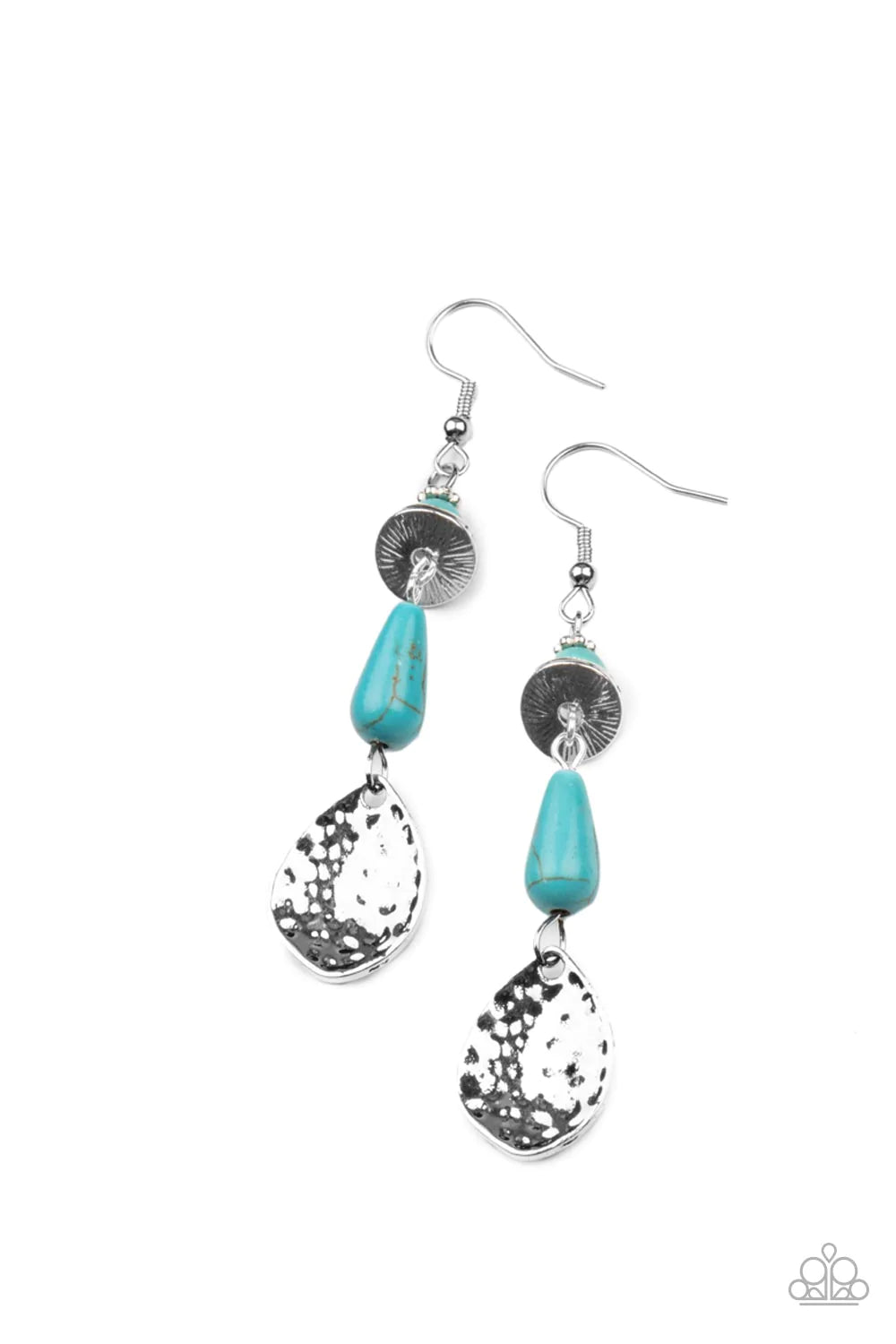 Paparazzi Accessories Artfully Artisan - Blue An abstract collection of hammered silver accents and turquoise stone beads delicately link and stack into a dainty artisan inspired lure. Earring attaches to a standard fishhook fitting. Sold as one pair of e