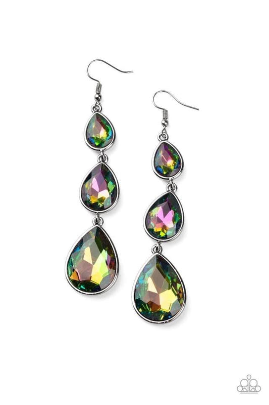 Paparazzi Accessories Metro Momentum - Multi Featuring sleek gunmetal frames, exaggerated oil spill teardrop rhinestones gradually increase in size as they drip from the ear. Earring attaches to a standard fishhook fitting. Jewelry