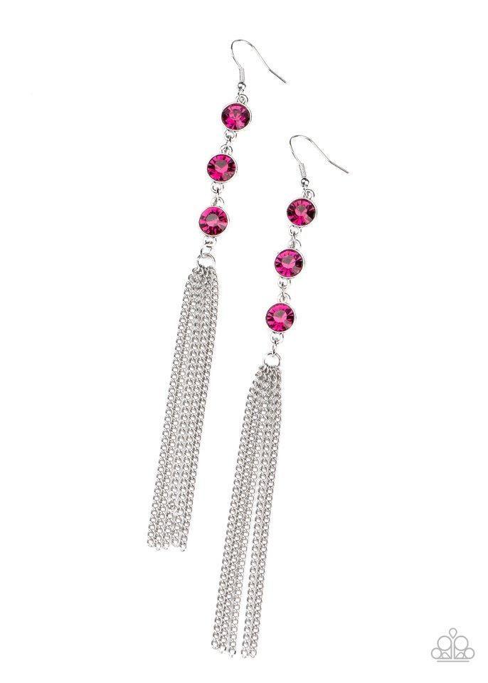 Paparazzi Accessories Moved To Tiers - Pink A shimmery silver chain tassel swings from the bottom stack of three glittery pink rhinestones, creating a fabulously tiered look. Earring attaches to a standard fishhook fitting. Sold as one pair of earrings. J
