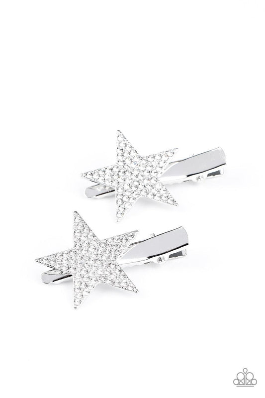 Paparazzi Accessories Give Me a Head-STARt - White Encrusted in glassy white rhinestones, a pair of glittery silver star frames pull back the hair for a stellar look. Each star features a standard hair clip on the back. Sold as one pair of hair clips. Hai