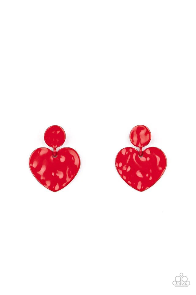 Paparazzi Accessories Just A Little Crush - Red Painted in a glossy red finish, a hammered disc gives way to a hammered heart frame for a flirtatious fashion. Earring attaches to a standard post fitting. Jewelry