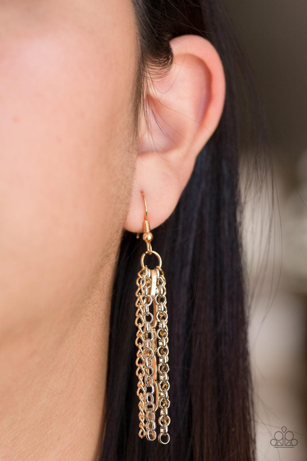 Paparazzi Accessories Right On Key - Multi *Lanyard Layers of gold and silver chain fall together to create the illusion of five separate necklaces. Each gold chain is adorned with a small gold charm, including a heart and a key. A lobster clasp hangs fro