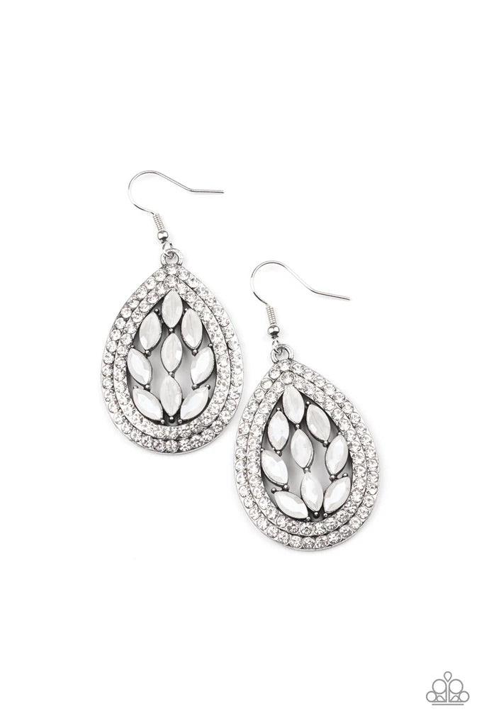 Paparazzi Accessories Encased Elegance - White Iridescent marquise cut rhinestones collect inside two borders of glassy white rhinestones, coalescing into a sparkly teardrop. Earring attaches to a standard fishhook fitting. Sold as one pair of earrings. J