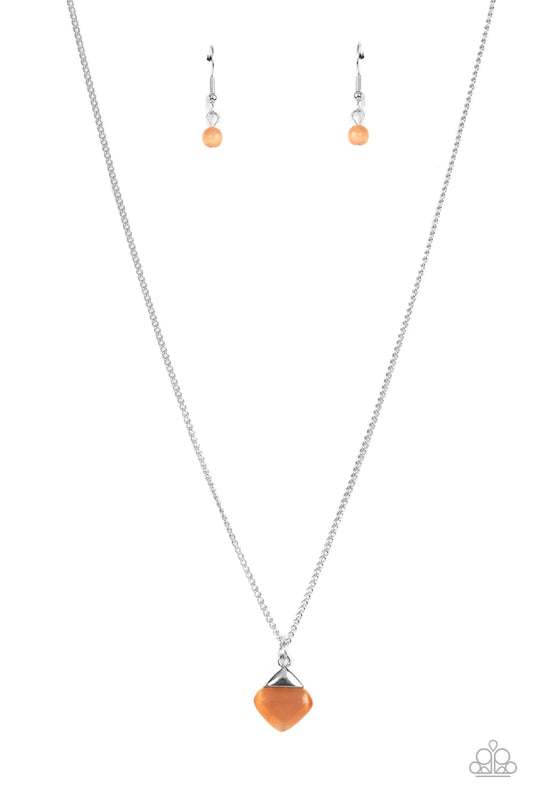 Paparazzi Accessories Gracefully Gemstone - Orange A silver triangle frame tops a triangular cut orange cat's eye stone pendant at the bottom of a dainty silver chain, resulting in a graceful gemstone pendant below the collar. Features an adjustable clasp