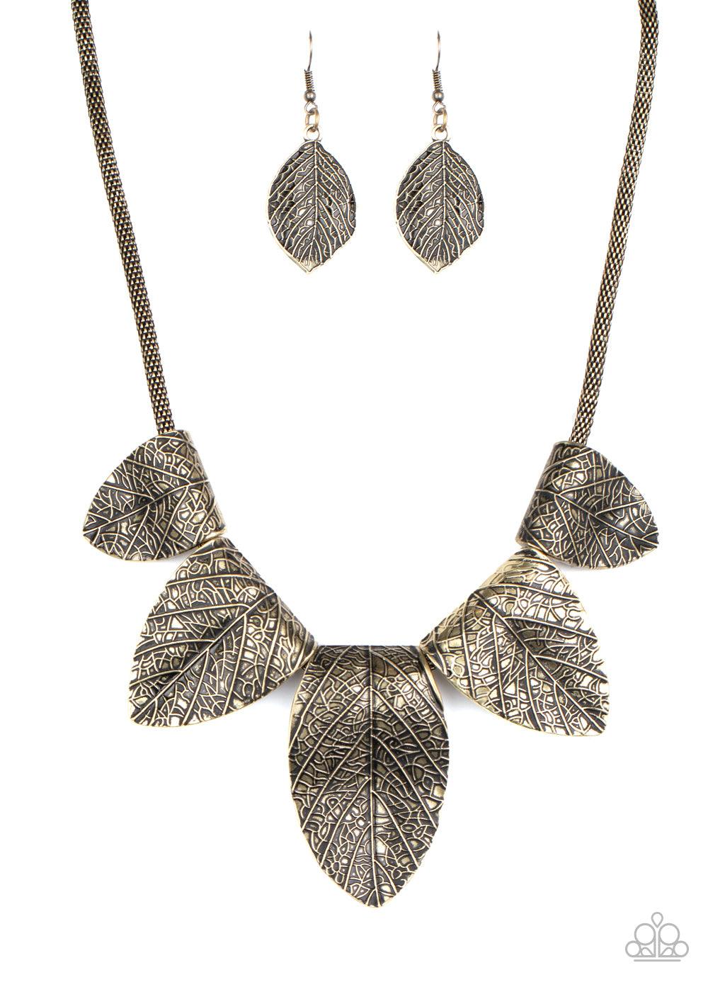 Paparazzi Accessories Garden Gatherer - Brass Embossed in life-like detail, shimmery brass leaf frames delicately fold around a rounded brass box chain. Gradually increasing in size, the dramatic frames fan out below the collar for a statement making look