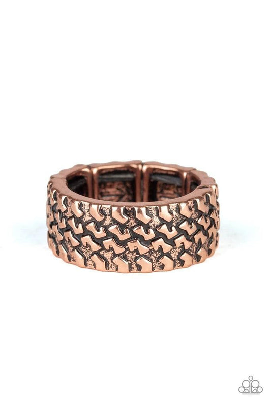 Paparazzi Accessories All Wheel Drive - Copper Embossed in a tactile tread-like pattern, a glistening copper band curls around the finger for an edgy look. Features a stretchy band for a flexible fit. Sold as one individual ring. Jewelry